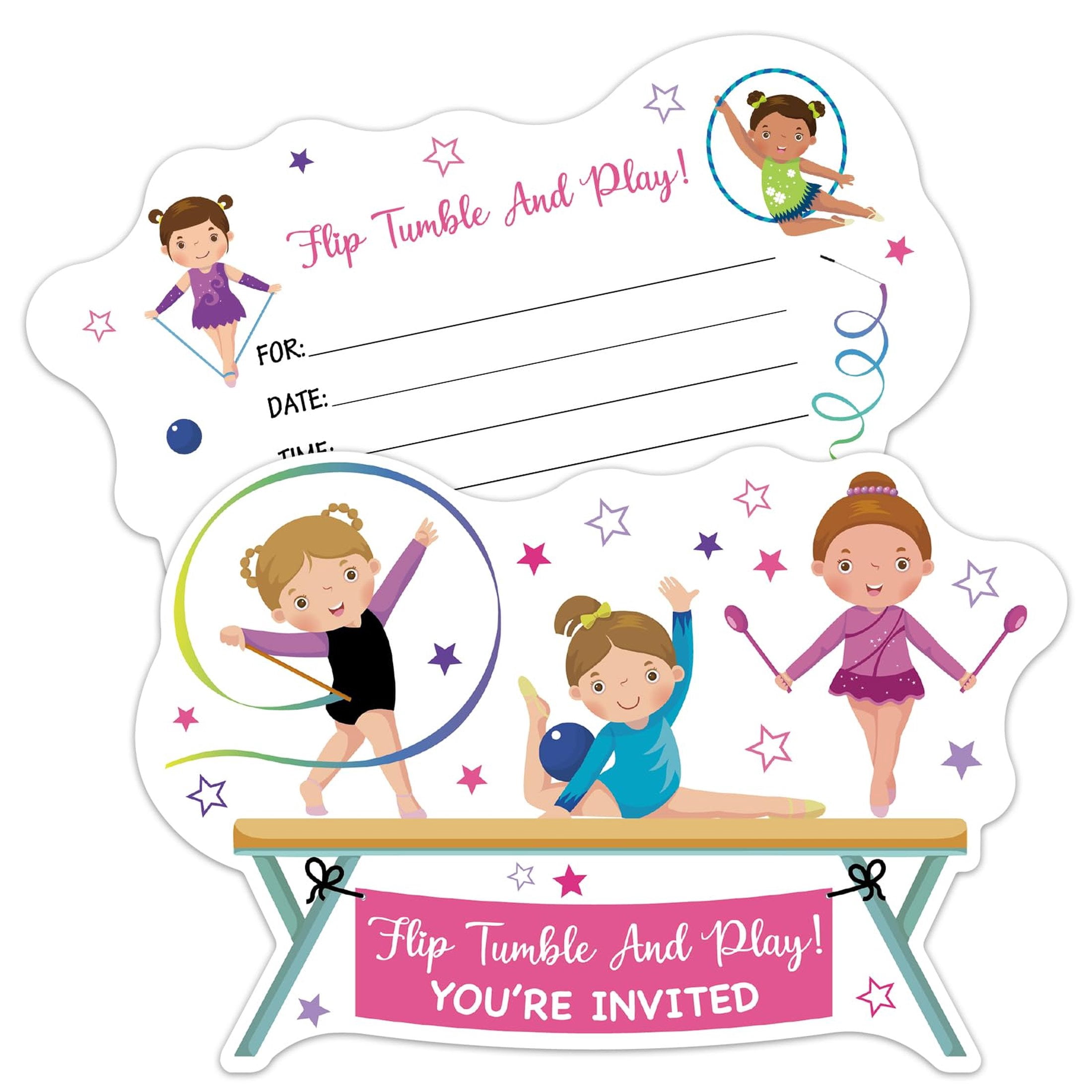Gymnastics Party Fun Invitations - 15 Cute Fill-In Cards for Girls with ...