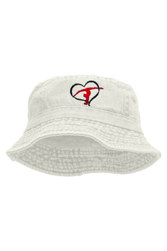 Gymnastics Ribbon Heart Embroidered Pigment Dyed Bucket Hat - White OSFM