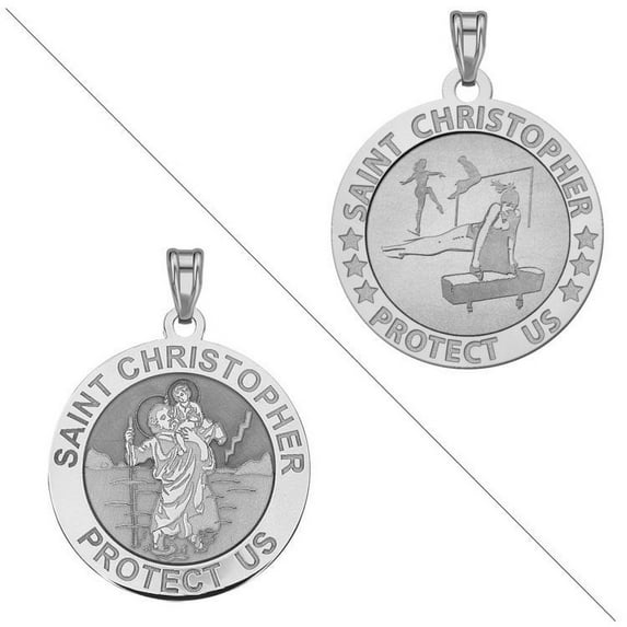 Gymnastics- Saint Christopher Doubledside Sports Religious Medal 2/3 Inch Solid 14K White Gold