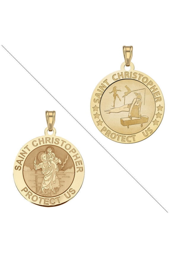 Gymnastics- Saint Christopher Doubledside Sports Religious Medal 2/3 in Solid 14K Yellow Gold