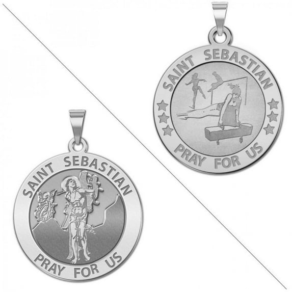 Gymnastics - Saint Sebastian Doubledside Sports Religious Medal 3/4 Inch in Solid 14K White Gold