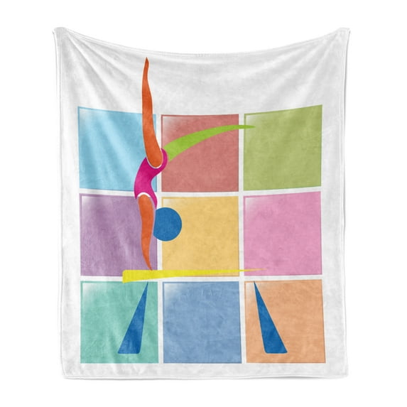 Gymnastics Soft Flannel Fleece Blanket, Abstract Athlete Balancing on a Vault with Checkered Colorful Squares Background, Cozy Plush for Indoor and Outdoor Use, 50" x 60", Multicolor, by Ambesonne
