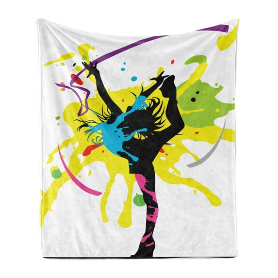 Gymnastics Soft Flannel Fleece Blanket, Dancing Girl with Paint Splashes Colorful Background Contemporary Illustration, Cozy Plush for Indoor and Outdoor Use, 60" x 80", Multicolor, by Ambesonne
