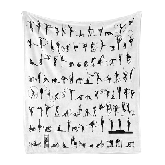 Gymnastics Soft Flannel Fleece Throw Blanket, Olympic Competition Themed Silhouettes Pattern with Ribbons and Podium, Cozy Plush for Indoor and Outdoor Use, 50" x 60", Black and White, by Ambesonne