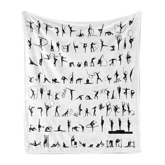 Gymnastics Soft Flannel Fleece Throw Blanket, Olympic Competition Themed Silhouettes Pattern with Ribbons and Podium, Cozy Plush for Indoor and Outdoor Use, 50" x 70", Black and White, by Ambesonne