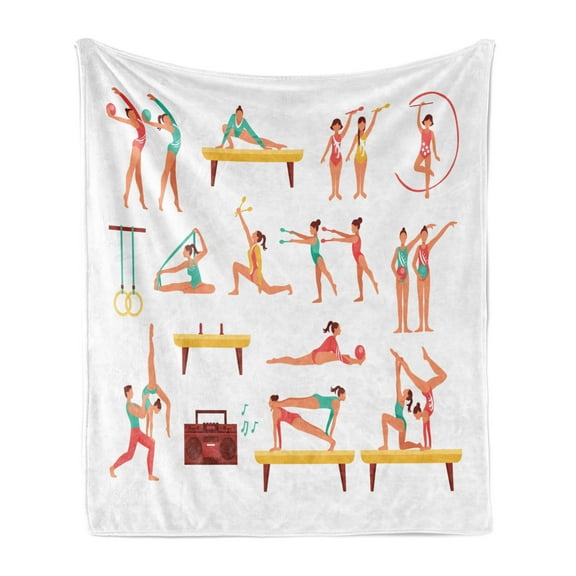 Gymnastics Soft Flannel Fleece Throw Blanket, Pommel Horse Maces and Ribbons Athlete Performing Acrobatics Pattern, Cozy Plush for Indoor and Outdoor Use, 50" x 70", Multicolor, by Ambesonne