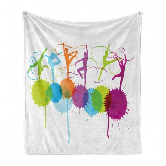 Gymnastics Soft Flannel Fleece Throw Blanket, Rhythmic Gymnastics Themed Colorful Woman Silhouettes Performing Ribbon Dance, Cozy Plush for Indoor and Outdoor Use, 50" x 70", Multicolor, by Ambesonne