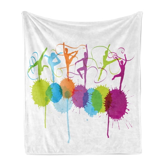 Gymnastics Soft Flannel Fleece Throw Blanket, Rhythmic Gymnastics Themed Colorful Woman Silhouettes Performing Ribbon Dance, Cozy Plush for Indoor and Outdoor Use, 50" x 60", Multicolor, by Ambesonne