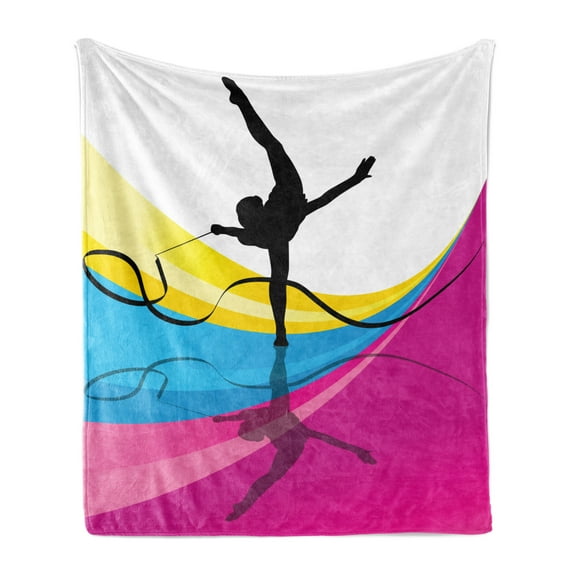 Gymnastics Soft Flannel Fleece Throw Blanket, Teenager Silhouette Ribbon Dancing on an Abstract Stripes Background, Cozy Plush for Indoor and Outdoor Use, 50" x 60", Multicolor, by Ambesonne