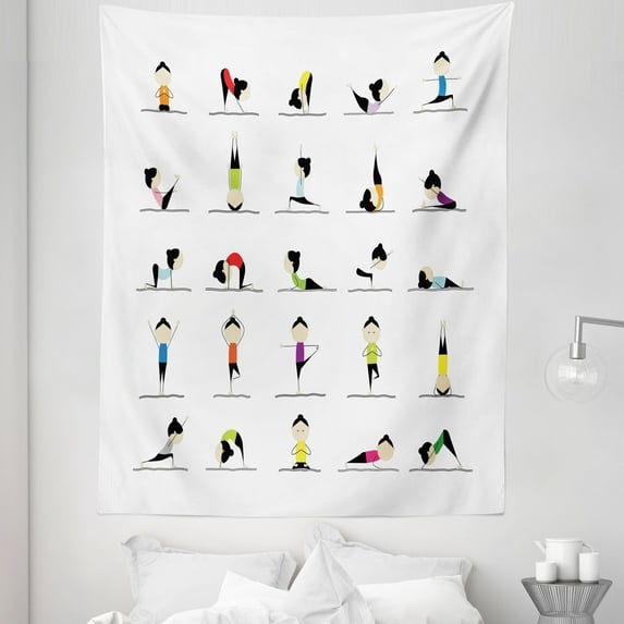 Gymnastics Tapestry, Women Practicing Yoga with Different Poses Funny Cartoon Aerobic Activity, Fabric Wall Hanging Decor for Bedroom Living Room Dorm, 5 Sizes, Multicolor, by Ambesonne