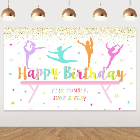 Gymnastics Theme Background Decoration Gymnast Girl Happy Birthday Backdrop Banner for Girls Birthday Party Decorations Supplies 4.9ft*3.2ft