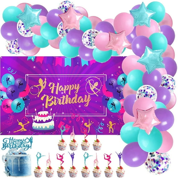 Gymnastics Theme Birthday Party Decorations, Teal Pink Balloon Garland Arch Kit, Star Foil Balloon Cake Topper Backdrop Set, for Girls Gymnast Birthday Party Supplies, Gym Theme Birthday Party