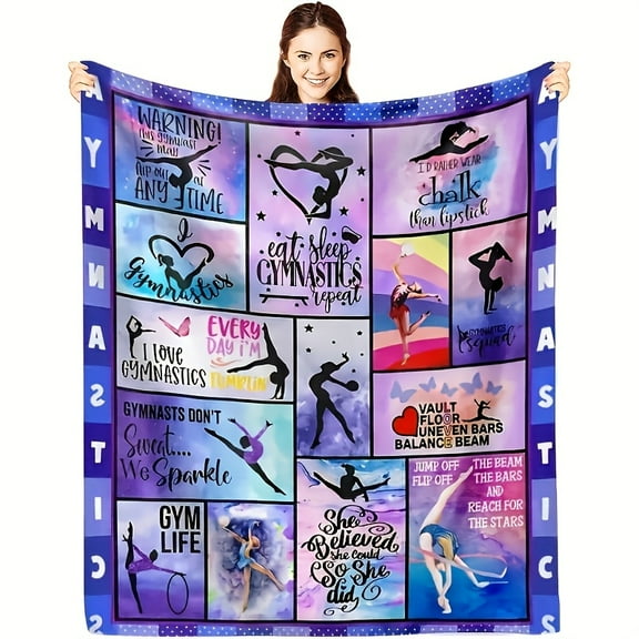 Gymnastics-Themed Flannel Blanket - Vibrant Printed Motivational Quotes & Athlete Silhouettes, Anti-Tear Machine Washable All-Season Throw for Gymnastics Fans