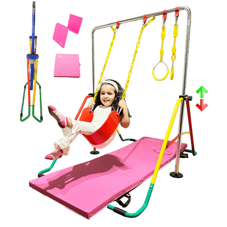 Gymnastics Training Bar for Kids Home Folding Expandable Kip Bar 5 in 1 Set + 6’x2’ Tumble Mat, Swing Seat, 2X Trapeze Rings, Horizontal Bar Junior Gymnastic Equipment Monkey Bars Jungle Gym Yellow