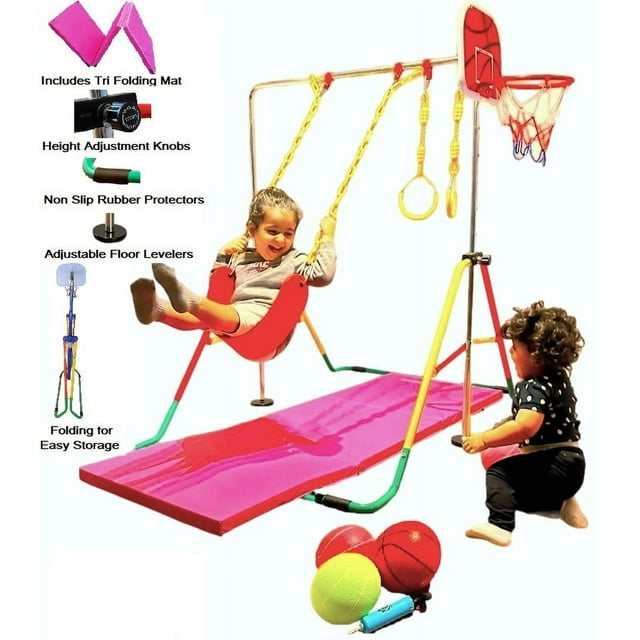 6 in 1 Kids Gymnastics Training Kip Bar Set with Tumble Mat, Swing
