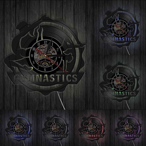 Gymnastics Tumbling Wall Clock Gym Wall Art Girls Gymnastics Vinyl Record Clock Fitness Workout Gymnast Decorative Clock Watch With LED