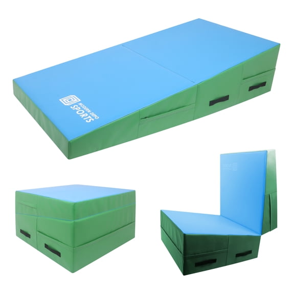 Gymnastics Wedge Mats 60" X 30" X 14" Folding for Home Use | Incline Mat Cheese Wedge With Zip Fastener, Waterproof Vinyl Cover, EPE Foam for Exercise, Tumbling, Yoga, Pilates, Blue Green