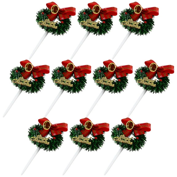 Gymnture 10Pcs Christmas Wreath Shaped Cake Topper Bowknot Bell Baking Insert Decor