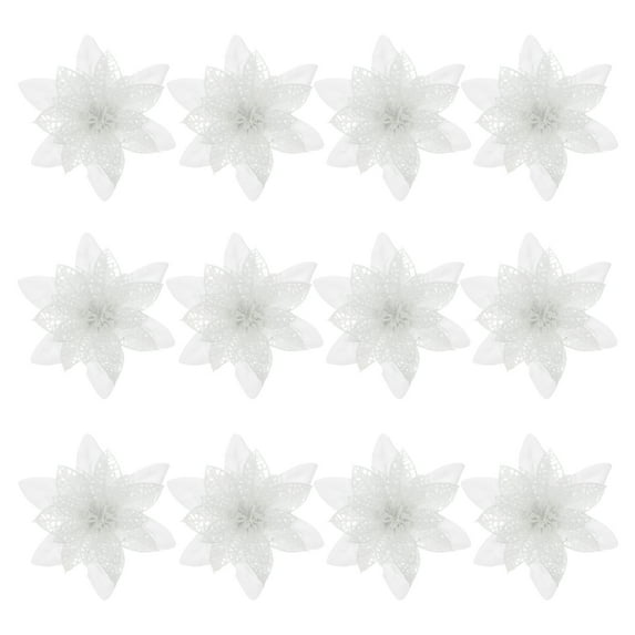 Gymnture 12Pcs Glitter Poinsettia Flowers for Xmas Tree and Wreath, White
