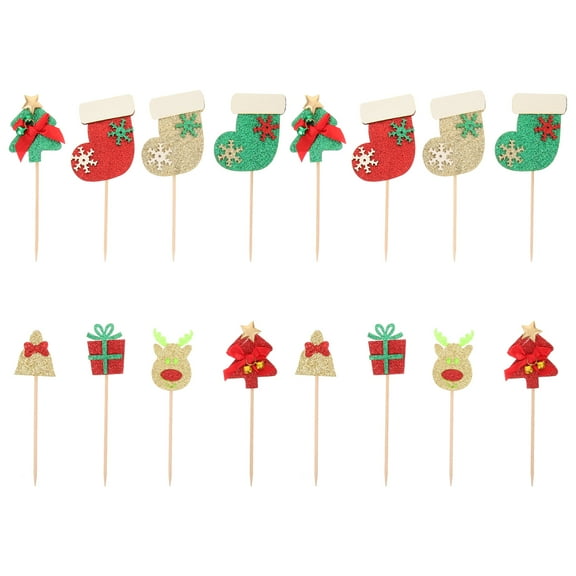 Gymnture 16pcs Christmas Theme Cake Toppers Adorable Dessert Decoration Cupcake Toppers Adornment Fruit Picks for Party Festival