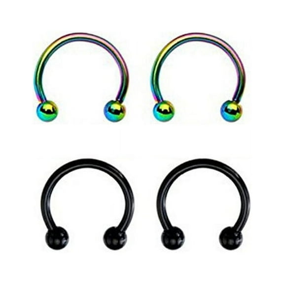Gymnture 2 Pair of Stainless Steel Horseshoe Bar Nose Ring Septum Circular Barbell Tragus Earrings (Rainbow+Black)
