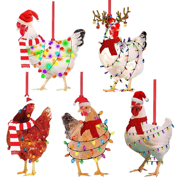 Gymnture 5 Christmas Chicken Wood Hanging Decorations for Xmas Party