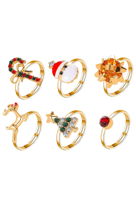 6Pcs Christmas Finger Rings Set - Holiday Adjustable Alloy Ring Set