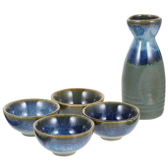 Gymnture Japanese Ceramic Saki Set - 4 Cups & Carafe - Assorted Colors