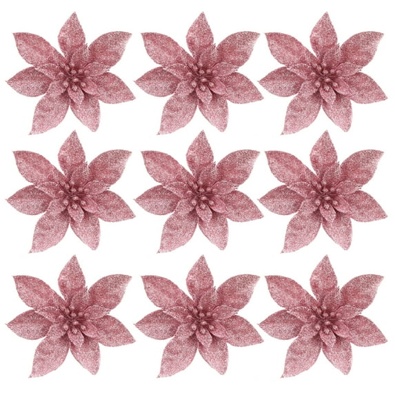 Gymnture Pink Glitter Poinsettia Christmas Flowers - 9pcs Xmas Tree/Wreath Decor