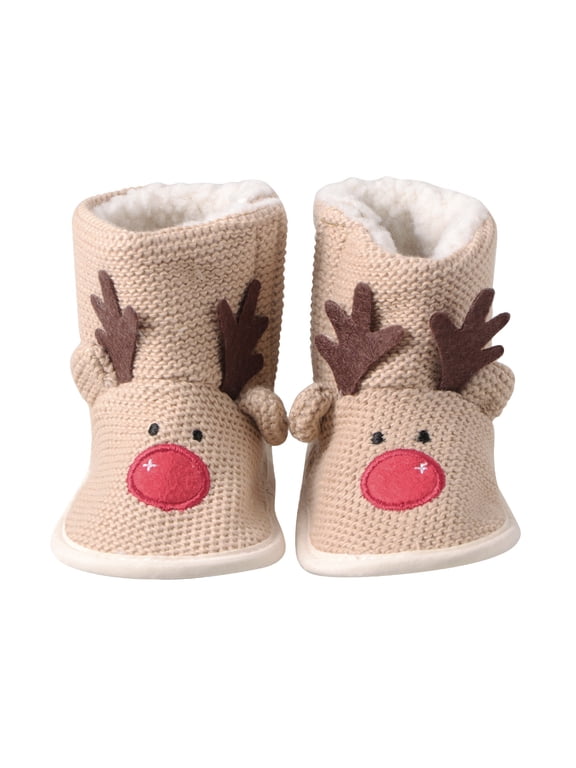 Beige Cotton Embroidered Winter Boots for Infants, Non- Soft Shoes for Cold Weather