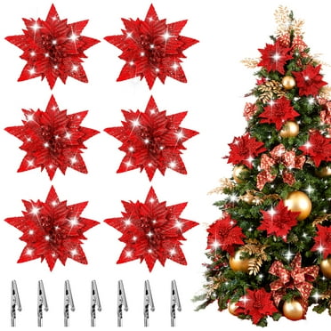 Gymnture christmas 6Pcs Glitter Poinsettia Flowers with Clips for Xmas Decor