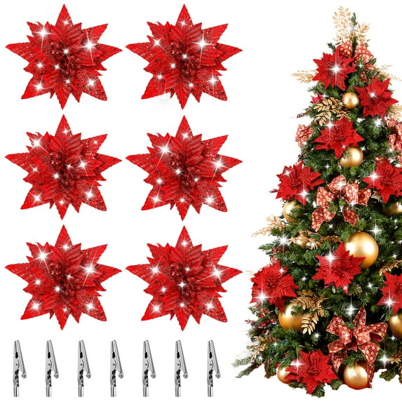 Gymnture christmas 6Pcs Glitter Poinsettia Flowers with Clips for Xmas Decor