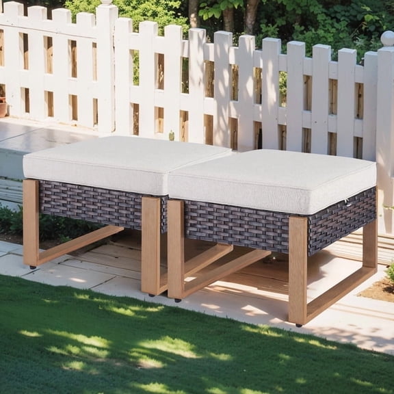 Gymojoy 2-Piece Brown Wicker Outdoor Ottoman Patio Rattan Footrest Seat Steel Frame Foostool with Removable Beige Cushions