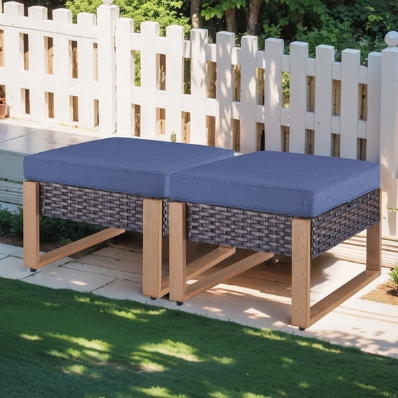 Gymojoy 2-Piece Brown Wicker Outdoor Ottoman Patio Rattan Footrest Seat Steel Frame Foostool with Removable Blue Cushions