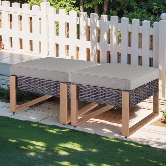 Gymojoy 2-Piece Brown Wicker Outdoor Ottoman Patio Rattan Footrest Seat Steel Frame Foostool with Removable Gray Cushions