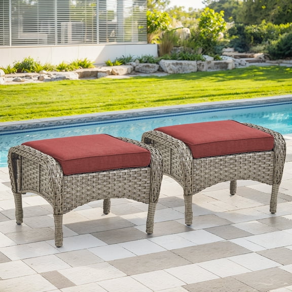 Gymojoy 2 Piece Outdoor Patio Ottomans, Al Weather Wicker Footstool Footrest For Backyard, Porch Balcony, Red