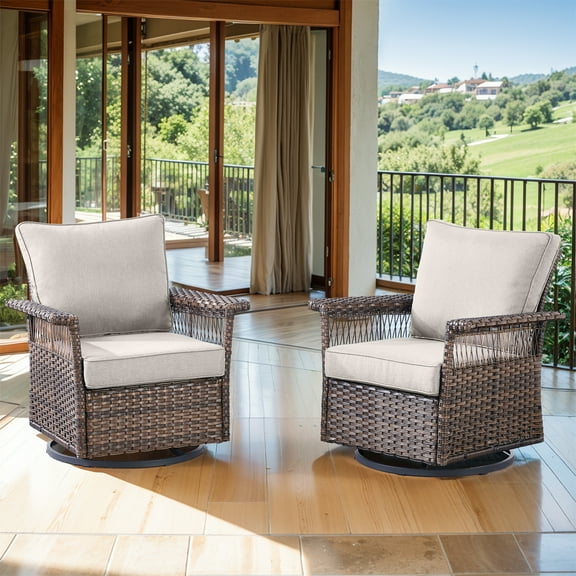 Gymojoy 2-Piece Outdoor Swivel Gliders, Patio Wicker Bistro Furniture Swivel Rocking Chair Set for Porch Balcony Backyard,Gray Cushion