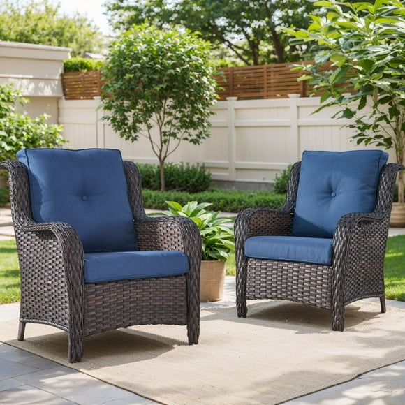 Gymojoy 2-Piece Patio Furniture Chair,Outdoor PE Wicker Lounge Chair with Deep Seating,Navy Cushion