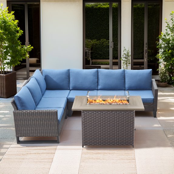 Gymojoy 2-Piece Patio Furniture Set with Fire Pit Table, All Weather Outdoor Sectional PE Rattan, Patio Conversation Sets with Cushions for Garden Lawn Balcony Porch Deck