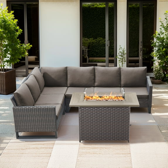 Gymojoy 2-Piece Patio Furniture Set with Fire Pit Table, All Weather Outdoor Sectional PE Rattan, Patio Conversation Sets with Cushions for Garden Lawn Balcony Porch Deck