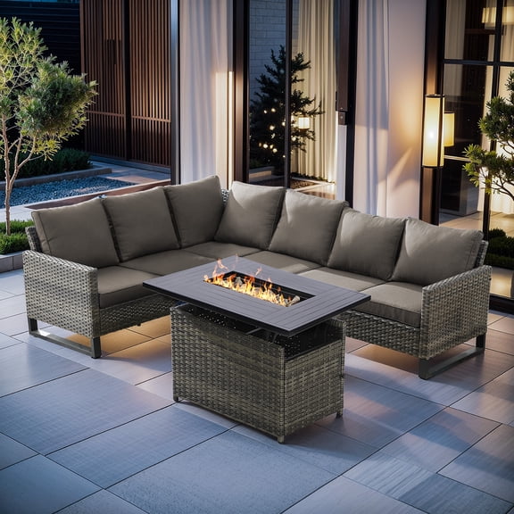 Gymojoy 2-Piece Patio Furniture Set with Fire Pit Table, All Weather Outdoor Sectional PE Rattan, Patio Conversation Sets with Cushions for Garden Lawn Balcony Porch Deck