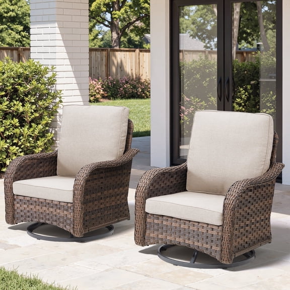 Gymojoy 2 Piece Wicker Patio Swivel Gliders High Back Rocking Chairs with Beige Cushions