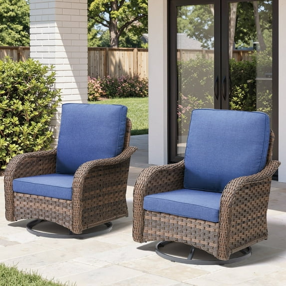 Gymojoy 2 Piece Wicker Patio Swivel Gliders High Back Rocking Chairs with Blue Cushions