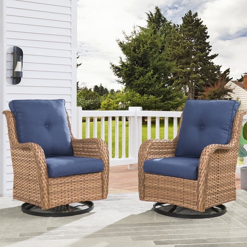 Yellow Wicker Outdoor Rocking Chair with Blue Cushions