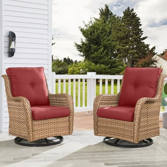 Gymojoy 2 Pieces Outdoor Patio Wicker Swivel Glider Rocker Chair with High Back Deep Seat, Red Cushion