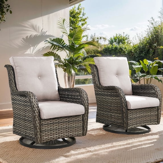 Gymojoy 2 Pieces Outdoor Wicker Swivel Rocker Patio Chair, Outdoor Swivel Gliders,Set of 2 with High Back, Deep Seat (Gray Wicker/Beige Cushion)