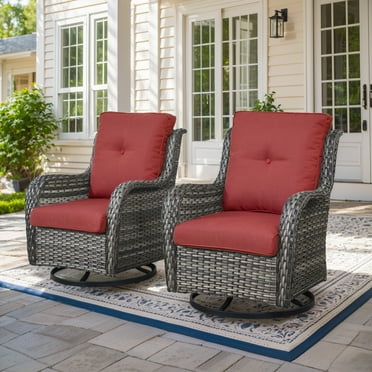 Gymojoy 2 Pieces Outdoor Wicker Swivel Rocker Patio Chair, Outdoor Swivel Gliders,Set of 2 with High Back, Deep Seat,Red Cushion