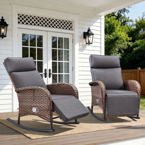 Gymojoy 2pcs Wicker Outdoor Lounge Chair Patio Zero Gravity Rocking Recliner Chair with Adjustable Backrest & Footrest for Pool Deck