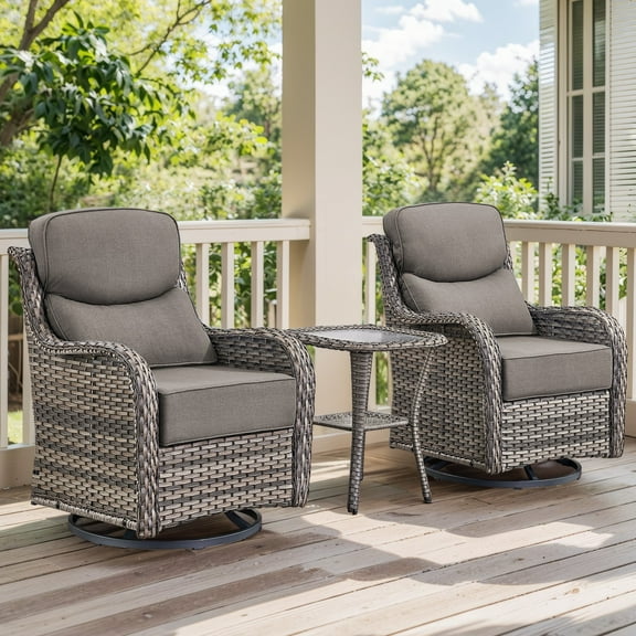 Gymojoy 3-Piece Outdoor Swivel Glider Chair Set with Thick Cushions & Tempered Glass Table - All-Weather PE Rattan Patio Bistro Set for Poolside, Deck, Garden