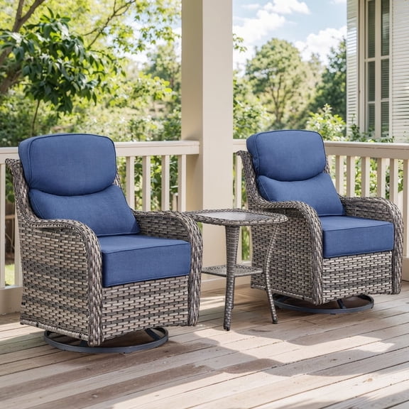 Gymojoy 3-Piece Outdoor Swivel Glider Chair Set with Thick Cushions & Tempered Glass Table - All-Weather PE Rattan Patio Bistro Set for Poolside, Deck, Garden
